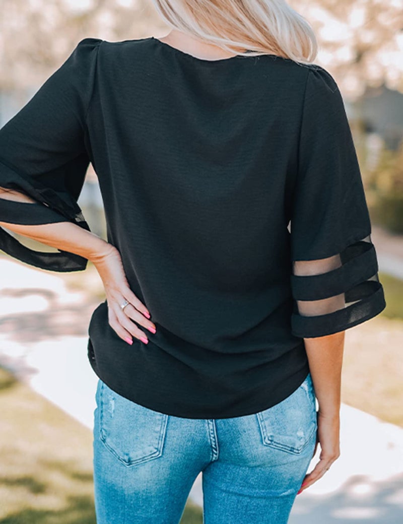 LookbookStore Women Summer Tops 2024 Ladies Tops and Blouses Black Blouse Shirts for Women Casual Dressy Work Tops 3/4 Bell Sleeve Blouse Loose Business Work Blouse V Neck Tops Size XL Size 16 18 - Image 2